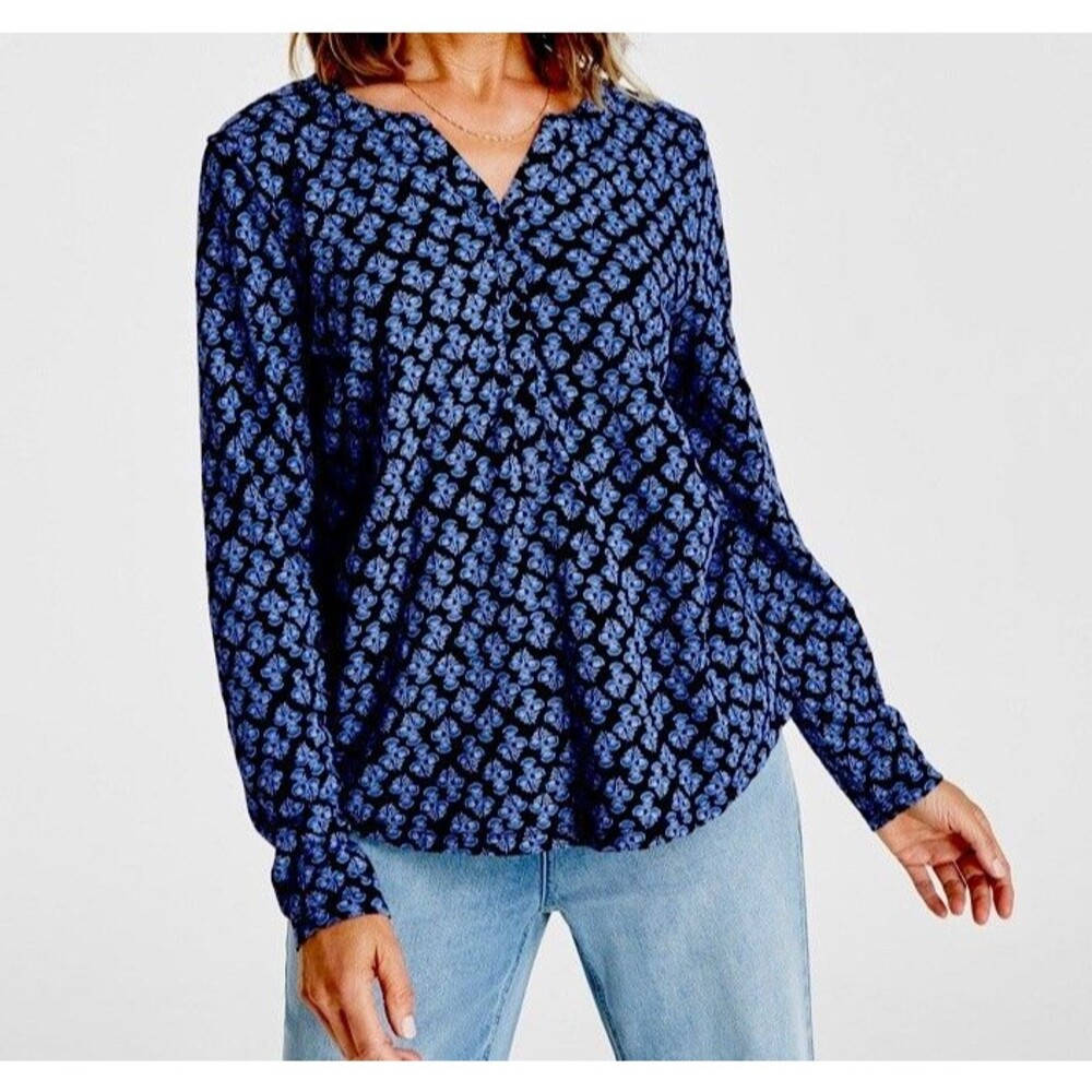 NWT Style & Co Women's Cotton Henley Long-Sleeve Shirt Top Blouse XL Navy Blue
